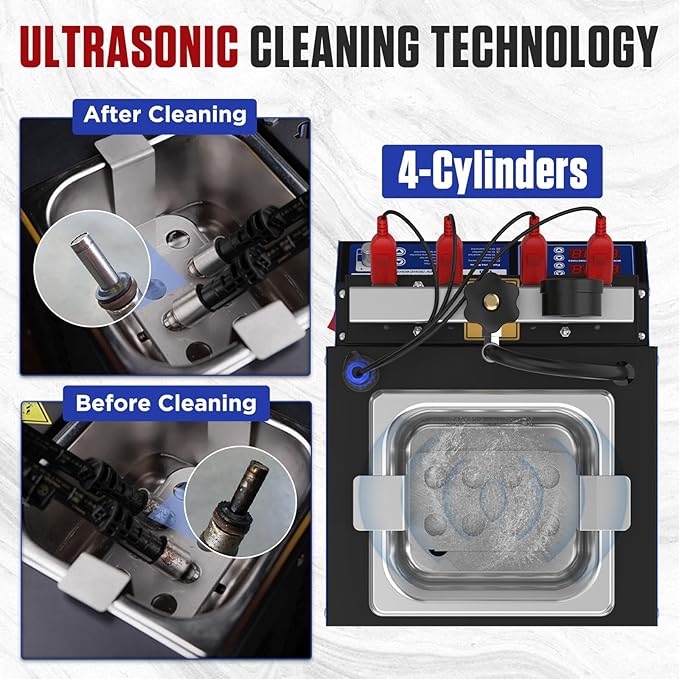 Fuel Injector Cleaner Tester Machine,V308 Heated Ultrasonic Cleaner Tester with 9 Test Modes, 4 Cylinder Fuel System Injection Cleaning Tool Kit for Motorcycle Most Car Injectors (V308)