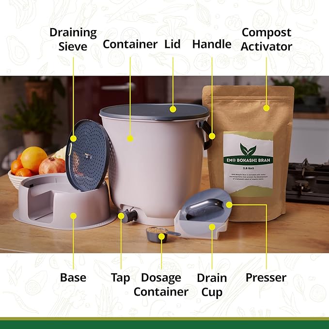 TeraGanix Bokashi Compost Starter Kit, Essential Bucket + Base, Indoor Composting, 15.3L (4gal) Capacity, Airtight, Odor & Pest-Free, Includes Bokashi Rice Bran & Liquid Collection Base, (Grey)