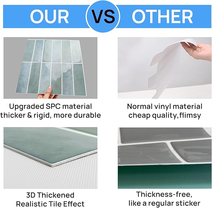 Peel and Stick Tile，New Upgrade Thicker Design Self Adhesive 12" x 12" Large Premium Peel and Stick Backsplash for Kitchen (Sage).