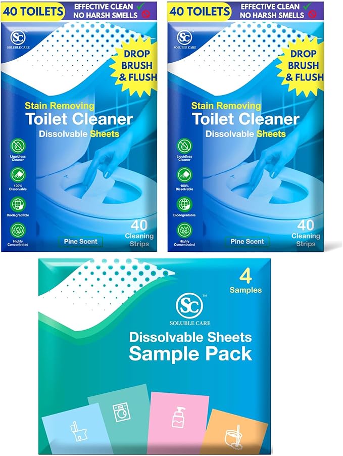 80 Dissolvable Toilet Bowl Cleaner Sheets (Easy Clean, Quick-Dissolving, Septic-Safe Cleaning) + Sample Pack (Laundry, Foaming Hand Soap, Toilet & Floor Cleaner Dissolvable Sheets)