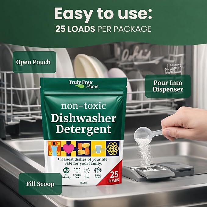 Truly Free Dishwasher Detergent Powder | Natural Dish Detergent, Dishwasher Soap | Plastic Free, Plant-Based, Clean, Heavy Duty Hard Water Stain & Grease Remover | Fragrance Free | 12.5 oz (Pack of 3)