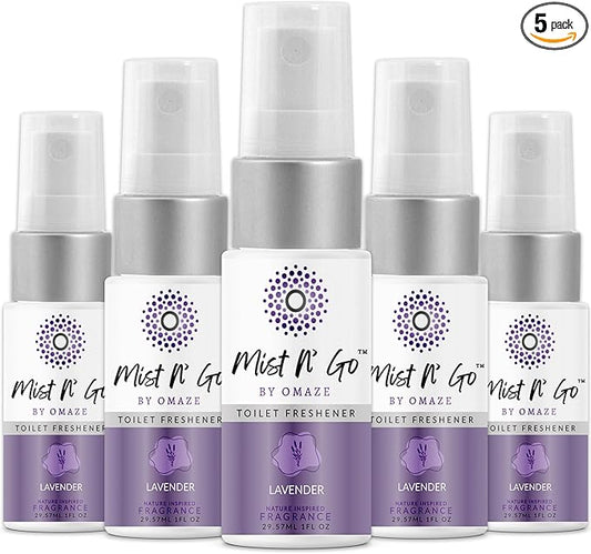 Mist N??Go by Omaze Travel Bathroom Spray for Toilet Spray Odor Eliminator - Travel Toilet Spray for Bathroom Air Freshener Spray for Bathroom Deodorizer - Lavender Travel Size (1oz x5)
