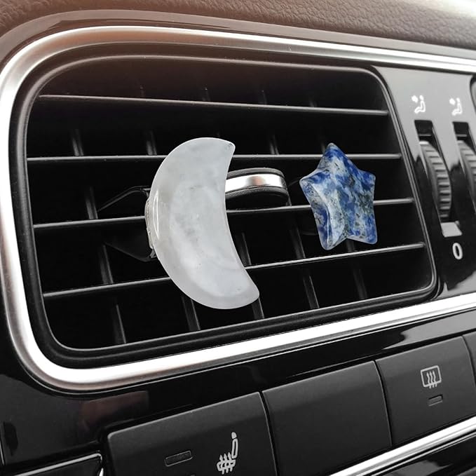 Boho Car Decor, 5pcs Stars Moon Air Vent Clips, Natural Stone Crystals Air Vent Clips, Refillable Car Fresheners,Hippie Decorations Accessories for Women, Best Wishes for Lover and Friend