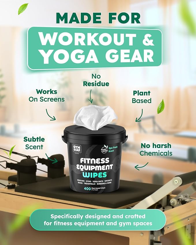 Yoga Mat Cleaner Wipes, Plant Based - 500 Gym Equipment Wipes to Clean Exercise Equipment, Treadmill, Peloton Bikes - Gym Supplies, Yoga Supplier, Cleaning Wipes for Home & Gym - Spa Fresh Scent