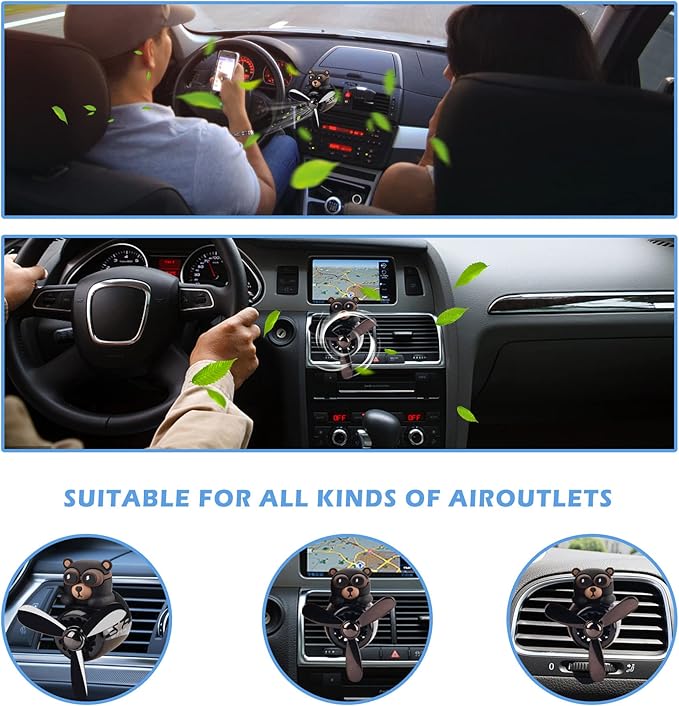 Car Air Freshener Cute Cartoon Bear Pilot Car Diffuser Rotating Propeller Automotive Air Outlet Fan Creative Car Perfume Decoration Cool Car Accessories Comes with 4 Fragrant Tablets