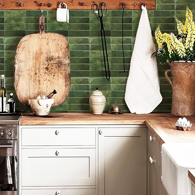 10 Sheet Thicker Subway Tiles Peel and Stick Backsplash,Splash Proof Green Rectangular Self-Adhesive Wall Tiles for Kitchen and Bathroom(11.4" x 9")