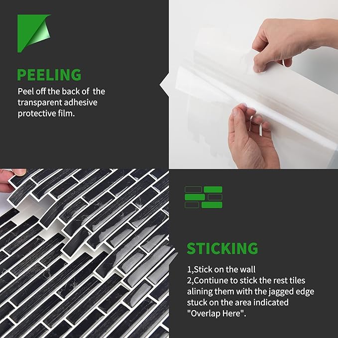 LONGKING 10-Sheet Self-Adhesive Peel and Stick Backsplash for Kitchen, Vinyl Decorative Tiles (Black)