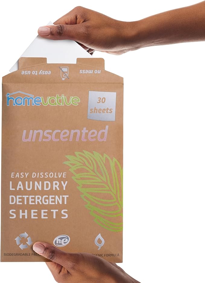 Homevative Laundry Detergent Sheets, 30 Sheets, Up to 60 Loads, Easy Dissolve, Unscented, Eco package, HE Compatible, Septic friendly, Great for travel, college, laundromat and at home