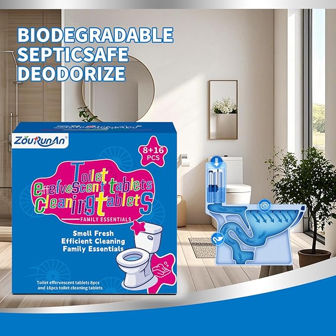 2-in-1 Toilet Cleaning Tablets (24 Pack) - 8 Effervescent Toilet Bowl Stain Remover and 16 Blue Toilet Tank Cleaner Tablets - Limescale Removal for Septic System