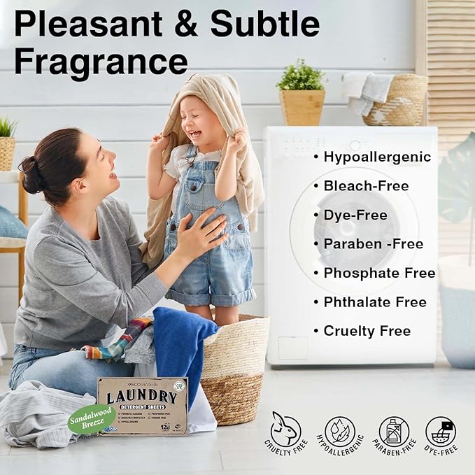 Laundry Detergent Sheets - Eco Friendly Hypoallergenic for sensitive skin, Natural Plant Based Washer Sheets, Travel Laundry Detergent, Chemical Free, Sandalwood Scent (64cnt/128 Small Loads)