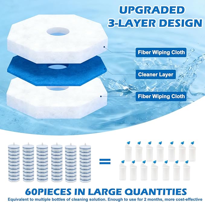 60pcs Disposable Toilet Wand Refills，Compatible with Most Toilet Brushes，5X Cleaning Power Toilet Bowl Cleaners，No Falling Apart，Upgrade Fiber Cleaner Heads，for Closestool Bathroom Cleaning