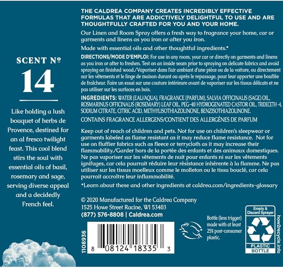 Caldrea Linen and Room Spray Air Freshener, Made with Essential Oils, Plant-Derived and Other Thoughtfully Chosen Ingredients, Basil Blue Sage Scent, 16 oz