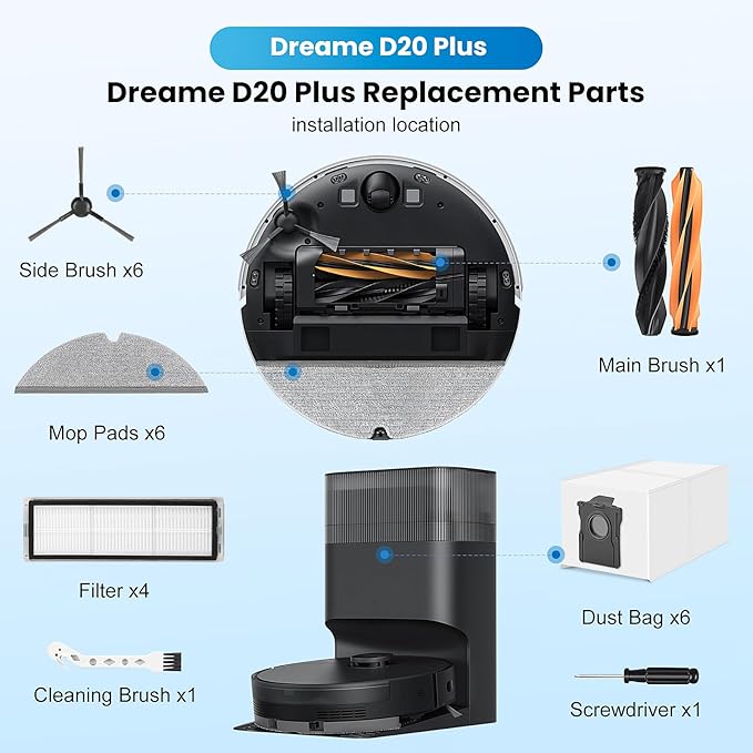 21 Pack Replacement Parts Compatible with Dreame D20 Plus Robot Vacuum and Mop, Accessories Kit with 1 Main Brush,6 Dust Bags,4 Mop Pads,4 Hepa Filters,4 Side Brush