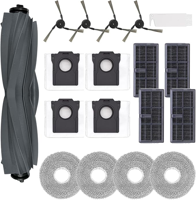 18Pcs Replacement Parts for Dreame X40 Ultra,L40 Ultra Vacuum Cleaner Accessories Kit, 1 Main Brush 4 Mop Pads 4 Hepa Filters 4 Vacuum Bags 4 Side Brushes, 1 Cleaning Brush