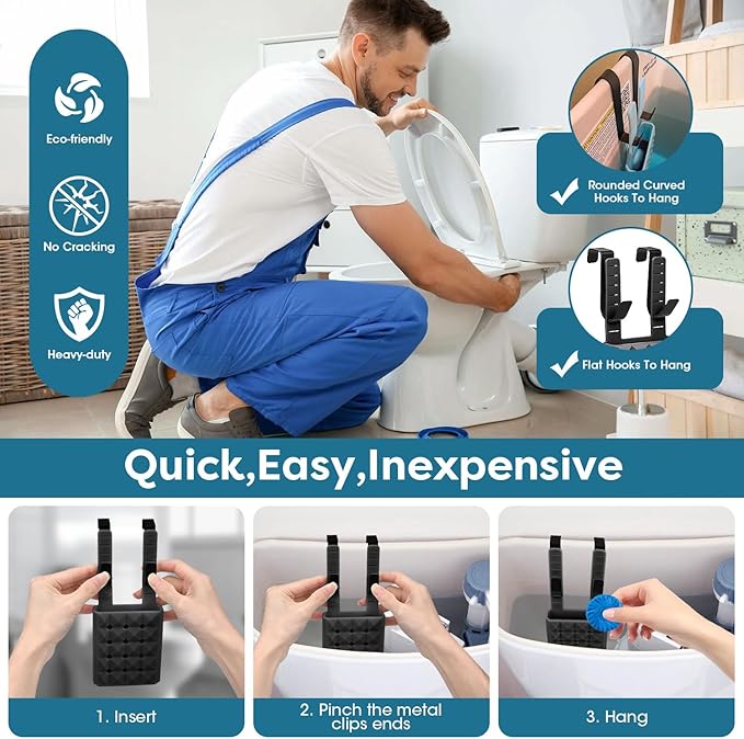 Adjustable Toilet Tank Cleaning Tablet Holder-Hanging Silicone Basket Carrier with Rustproof Hooks for Bowl Cleaner & Bleach Tablet Case Pouch Organizer, Accessory Fit Up to 7" Water Level