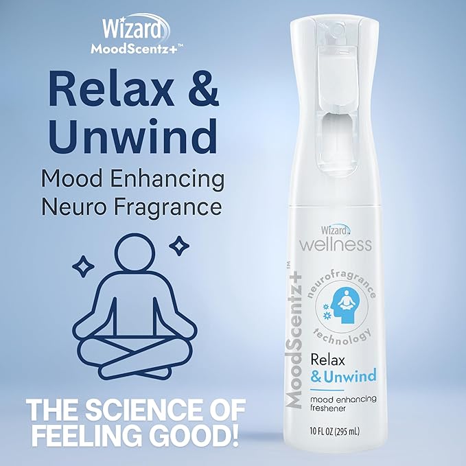 Wizard MoodScentz™ (Relax & Unwind) Patented Science-Backed Mood-Enhancing Room Mist, Non-Aerosol Continuous Fine-Mist Spray with Neuro-Fragrance Technology – 10 Fl Oz