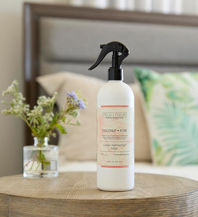 FIELD FLEUR Coconut Rose Linen & Room Spray 15.5 oz - Aromatic & Refreshing Bedding & Fabric Mist - Air Freshener for Clothes & Sofas – Notes of Coconut, Vanilla, Jasmine & Citrus - Made in USA