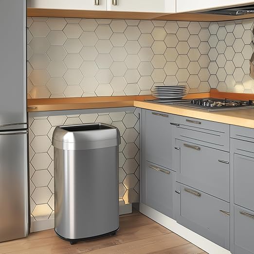 iTouchless 13 Gallon Open Top Kitchen Trash Can Recycling Bin with Wheels and Double Odor Filters Oval Commercial Stainless Steel 50 Liter Trashcan for Home Office Work Bedroom Livingroom Garage