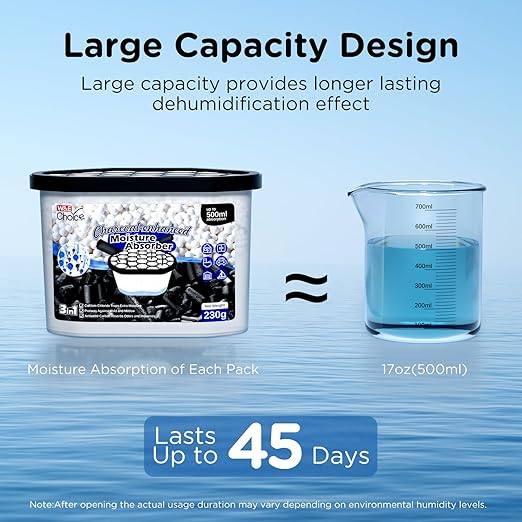 W&E Choice Moisture Absorbers with Activated Charcoal, Portable Dehumidifier for Closet & Bathrooms, Kitchen, Humidity Absorber Odor Eliminator Absorber 6 Pack