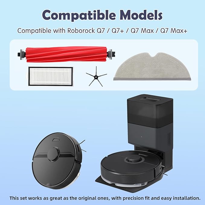 18Pcs Q7 Accessories Kit Replacement Compatible with Roborock Q7 / Q7+ / Q7 Max / Q7 Max+ Robot Vacuum, 2 Main Brush, 4 Mop Cloth Pads, 6 Side Brushes, 4 Washable Filter, 1 Tool (Not for Q7 M5)
