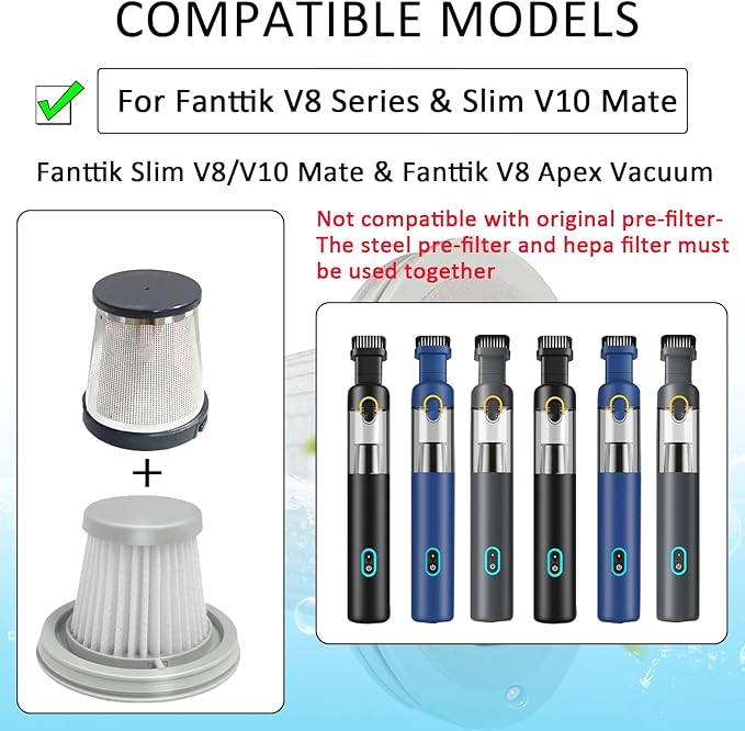 6 pack Washable Hepa with 2 pack Stainless Steel Pre-filter,Hepa Filter Replacement Compatible with Fanttik V8 Series (Fanttik Slim V8 Mate Vacuum)