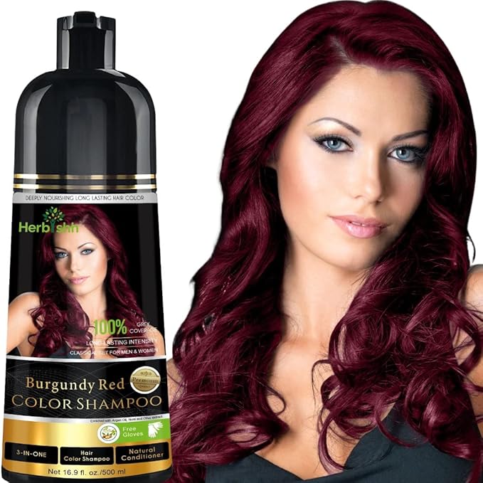 Herbishh Hair Color Shampoo for Gray Hair Burgundy 500 ML + Hair Color Stain Remover Wipes - Travel Pack With 5 Wipes