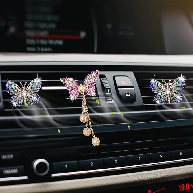 Bling Butterfly Air Vent Clips, 4 Pcs Crystal Pendant Fresheners, Diffuser Diamond Decoration, Cute Interior Decor Accessories for Women