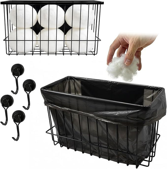 Magnetic Holder for Wool Dryer Balls & Lint Bin (2-Pack, Black) ??Extra Long 14.2" & 10.4" Metal Laundry Trash Can ??Washer Side Organizer with 4 Magnetic Hooks (Balls Not Included)