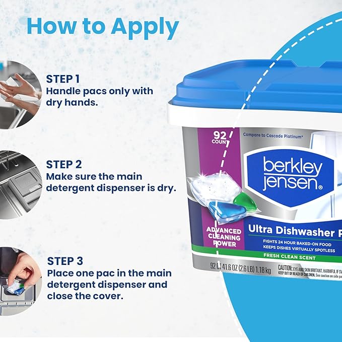 Berkley Jensen Ultra 4-in-1 Dishwasher Detergent Pacs, 92 Count Tub (Pack of 1) - Powerful Degreasing Dishwasher Pods with Fresh Clean Scent - Fights 24-Hour Baked-on Food - Fits Most Dishwashers