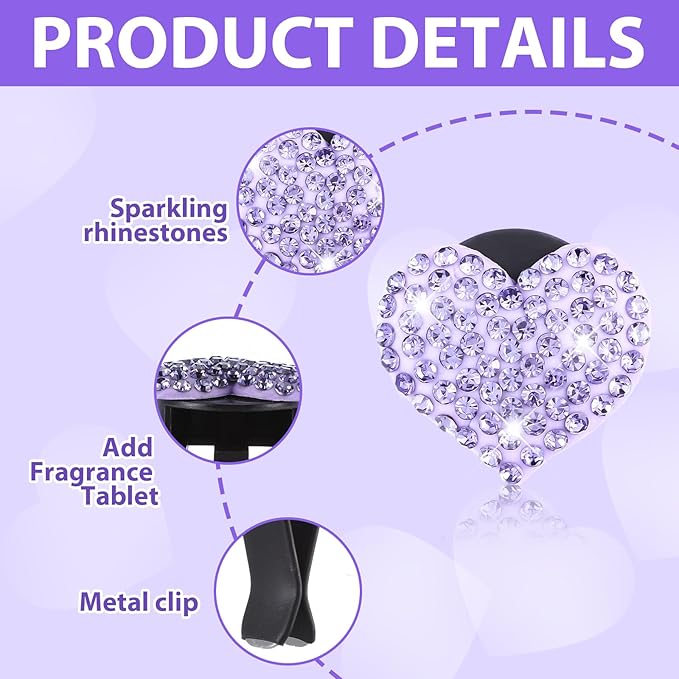 4Pcs Bling Heart Air Vent Clips, Universal Car Air Conditioning Fresh Clip, Sparkling Heart Car Vent Clips, Decorative Purple Cars Accessories for All Vehicles