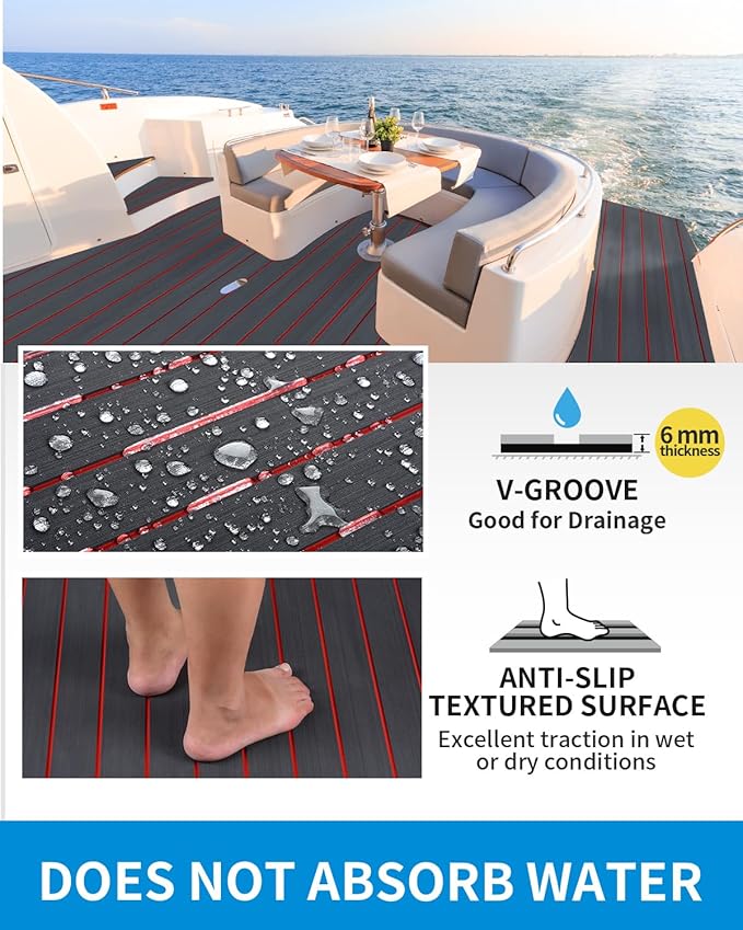 OCEANBROAD EVA Foam Boat Flooring with 3M Adhesive Backing Marine Self-Adhesive Decking 96''x45.6''/36''/28.8''/16.8'', 48''x16.8'' Faux Teak Sheet for Jon Boats Swim Platform Helm Pad RV Floor