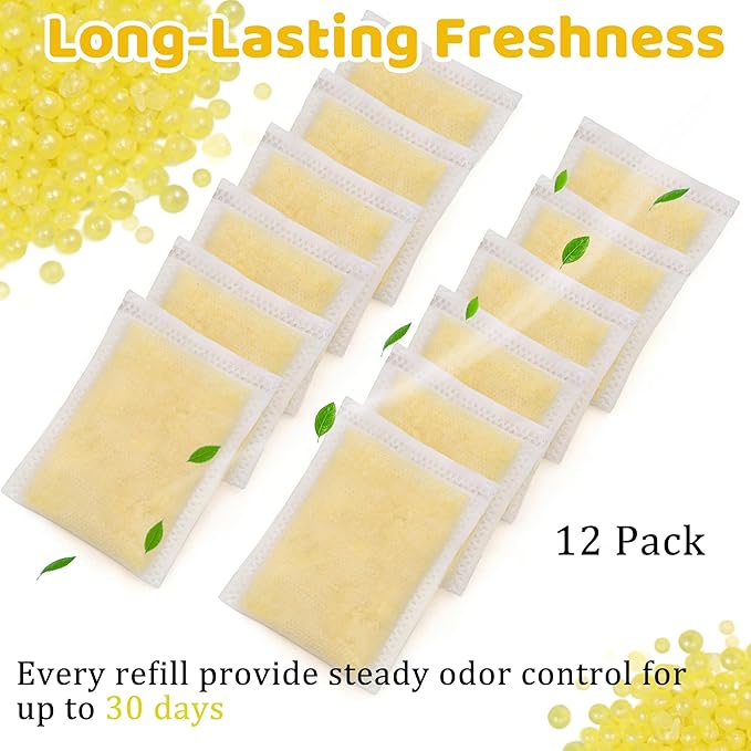 NewKe 12 Pack Diaper Pail Deodorizer for Diaper Genie Complete Pail and Expressions Pail, Activated Charcoal Filters Replacement, Lemon Scent Activated Carbon Odor Eliminator Refill