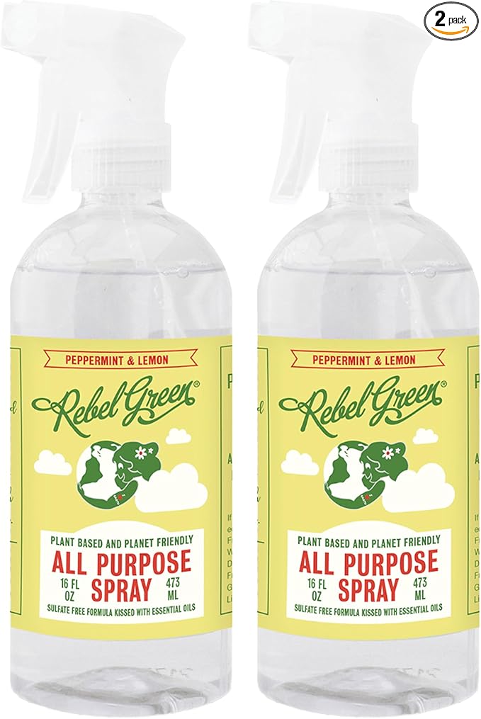 Rebel Green Natural All-Purpose Cleaning Spray - Plant-Derived Multi-Surface Cleaner with Essential Oils for Kitchen, Bath, Countertops and More - Peppermint & Lemon Scent - 16 oz - 2 Pack