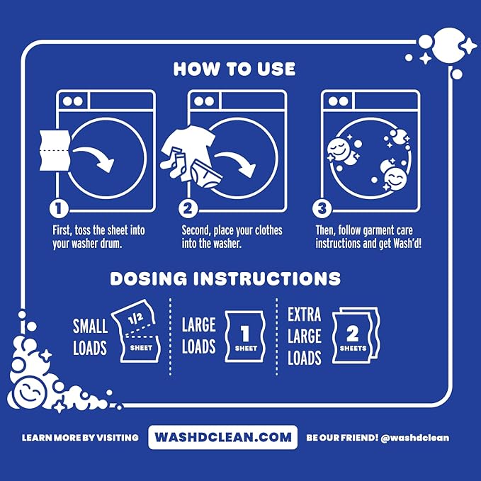 Wash'd Laundry Detergent Sheets - Unscented 40 Loads - Non Toxic Stain Fighting Enzymes Free and Clear - Plastic Free Travel Friendly Drawer Box