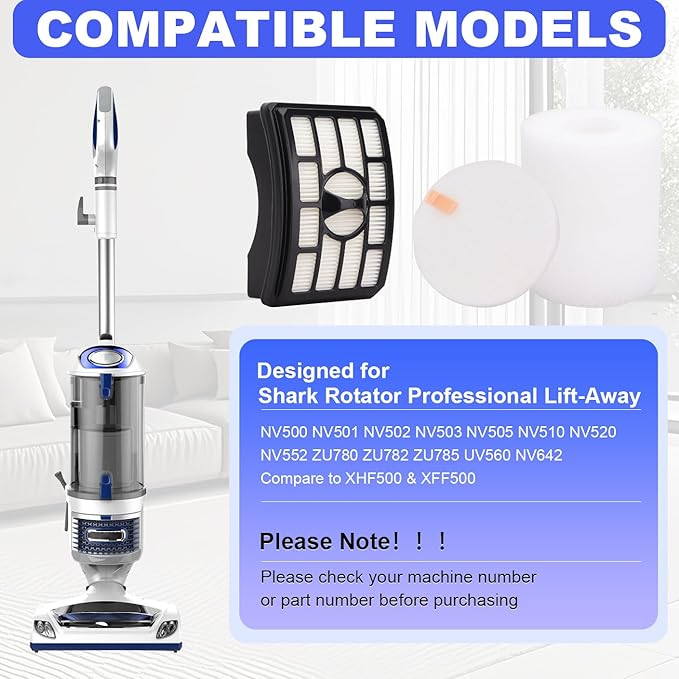 Vacuum Filters Replacement for Shark Rotator Professional Lift-Away NV500 NV501 NV502 NV503 NV505 NV510 NV520 NV552 ZU780 ZU782 ZU785 UV560, 2 HEPA Filter, 4 Foam & 4 Faux Felt Filter # XFF500&XHF500