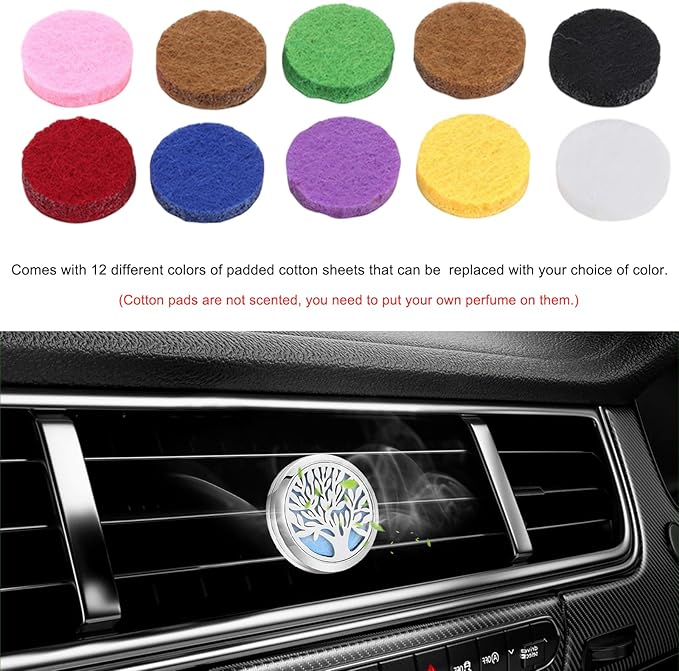 2PCS 30mm Car Diffuser Vent Clips, Tree of Life Aromatherapy Essential Oil Diffuser Locket with 12 Felt Pads, Stainless Steel Car Diffuser Locket Air Freshener (Style1)