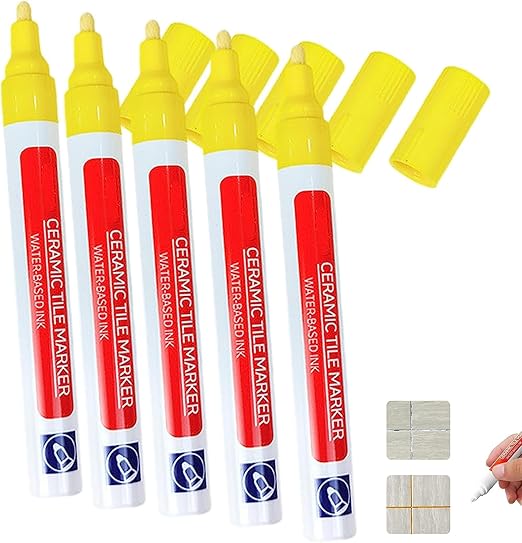 Waterproof Floor Ceramic Tile Marker,Grout Pen White Tile Paint Marker,No Faded for Home Ceramic Tile Marker Off-White,Restore Grout Lines Paint in Bathrooms & Kitchens (Yellow*5pcs)