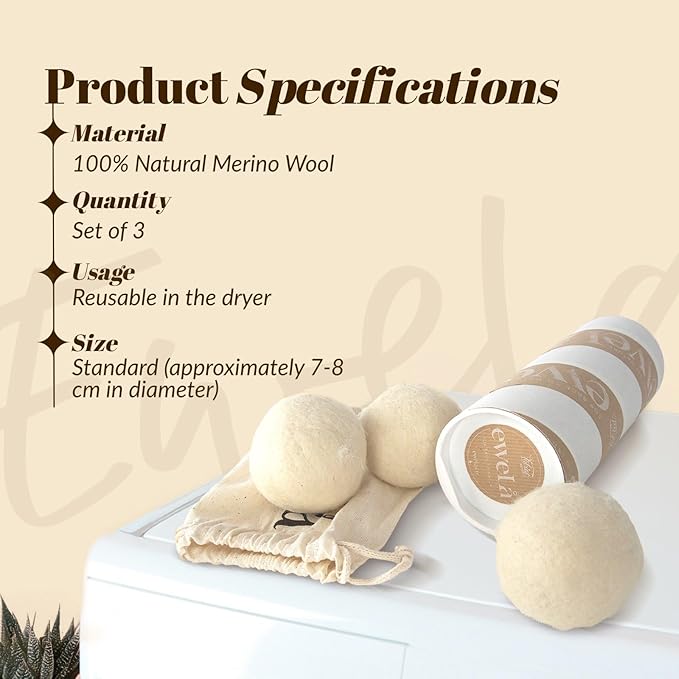 Ewela 100% Natural Merino Wool Dryer Balls, Set of 3, Reusable Chemical-Free Fabric Softener, Natural White, 7-8 cm Diameter