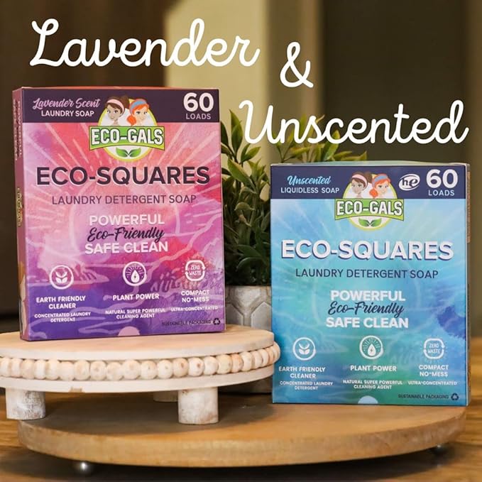Eco-Squares laundry detergent sheets with zero waste dry soap technology for cleaning linen and clothes in regular and high efficiency top or front load washing machines, Unscented