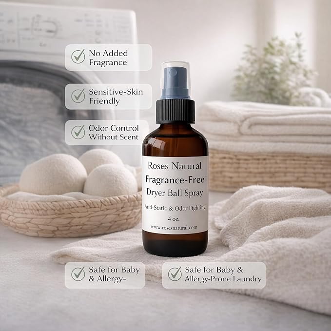 Natural Dryer Ball Spray, 4 oz, Patchouli, Lavender,Essential Oil Laundry Refresher, Fabric Freshener for Clothes, Linens & Wool, Anti-Static & Odor Neutralizer, Made in the USA (Fragrance-Free)