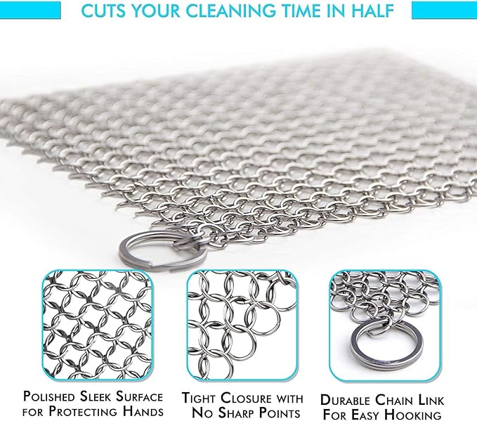 Scrubber Chainmail - Cleaner for Cast Iron Stainless Steel Anodized Cookware Scraper Cleaning Dutch Ovens Scourer for All Types of Skillet Griddles Cast Iron Pans Pots Grills & Dutch Ovens By Krisp