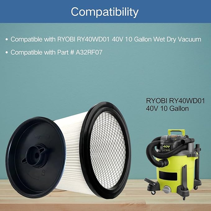 2-Pack Replacement HEPA Filter Compatible with RYOBI RY40WD01, 40V 10 Gallon Wet Dry Vacuum Cleaner, Large Cartridge Filter for Part # A32RF07