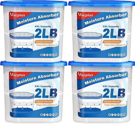 Vacplus Moisture Absorber Buckets – Large Capacity Dehumidifier and Humidity Absorber for Closet, Basement, Bathroom, RV, and Storage Areas, Unscented, 2 lbs, 4 Pack