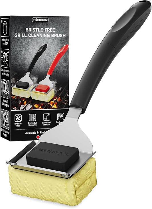 Bristle Free Grill Brush with Scraper for Outdoor Grill Cleaning, Safe Steam BBQ Grill Cleaner, Replaceable Head, Grilling Accessories for Cast Iron, Stainless Steel, Porcelain, Ceramic Grates - Black