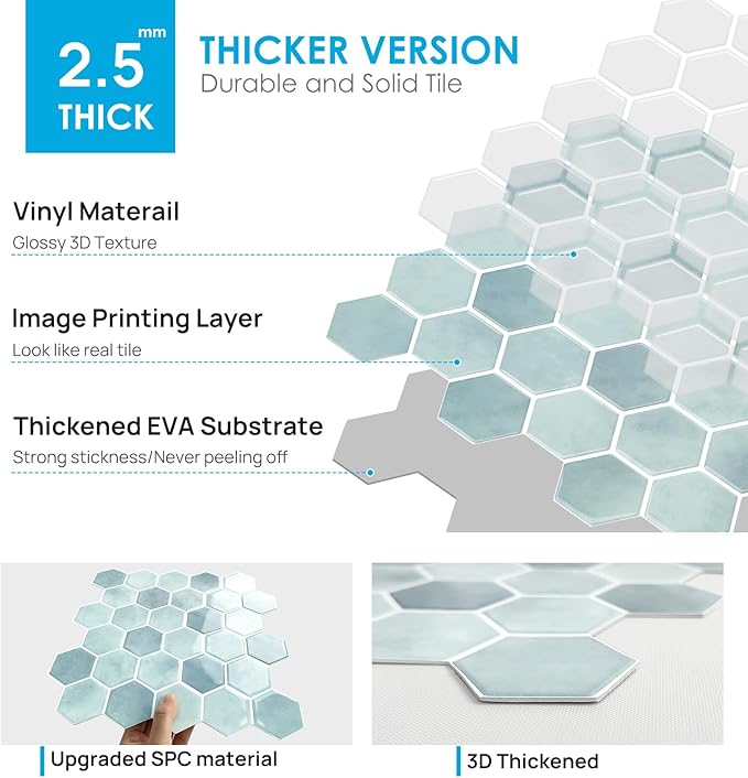 10-Sheet Hexagon Peel and Stick Backsplash for Kitchen, New Upgrade Premium Extra Thicker Design 3D Self Adhesive Wall Tiles, Large Stick on Tiles for Kitchen and Bathroom (12" x 12")