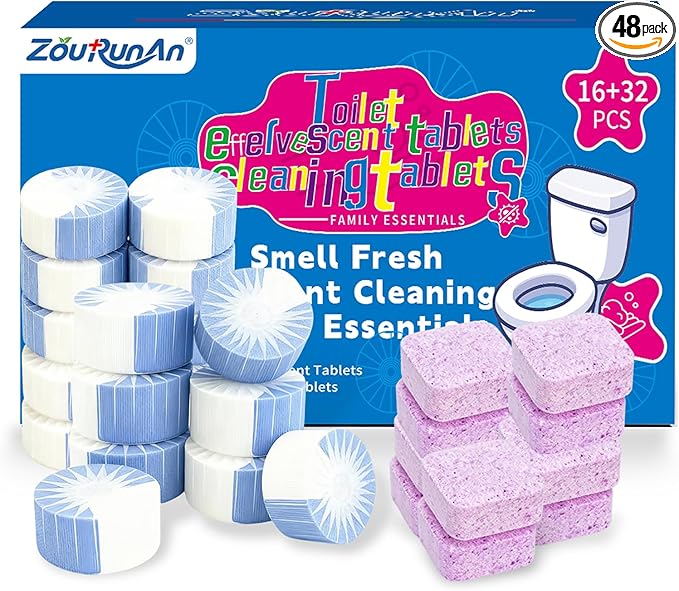 2-in-1 Toilet Cleaning Tablets (48 Pack) - 16 Effervescent Toilet Bowl Stain Remover and 32 Blue White Toilet Tank Cleaner Tablets - Limescale Removal for Septic System