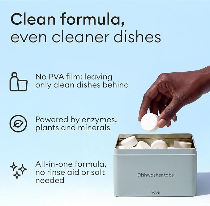 Vove Dishwasher Detergent Tablet Starter Set, 40 Count with Reusable Storage Tin - Plastic-Free, No PVA, No Microplastics - 2x Enzyme Power, Plant-Based, Fragrance-Free, Septic Safe