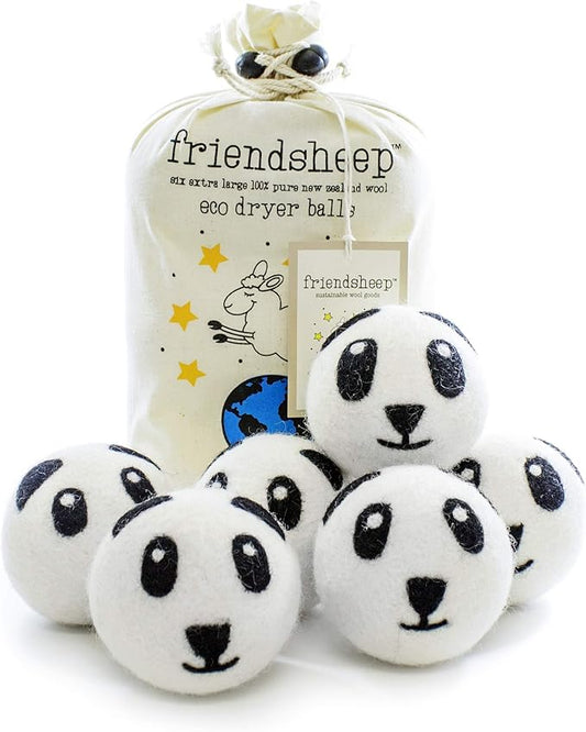 Friendsheep Wool Dryer Balls, Organic Reusable Fabric Softener Alternative for Laundry, Handmade, Fair Trade, Hypoallergenic, Eco-Friendly, Plastic-Free (6 Pack XL ??Panda)