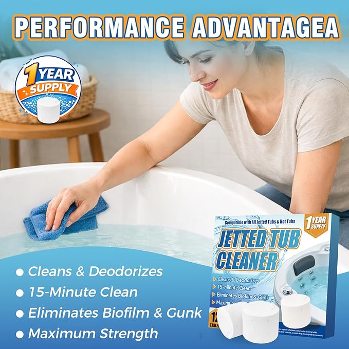 Jetted Tub Cleaner Bathtub Tabs, 12 Heavy Duty Jetted Tub Cleaner，Compatible with Jets, Tubes, Whirlpool & Spa Bath System，No Harsh Chemicals, Professional Septic Safe Solution