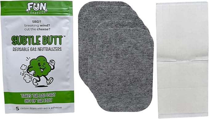 Subtle Butt Reusable Gas Neutralizers: 5 Activated Carbon Fart Pads - Gag Gift that Actually Works for Flatulence Odor Control to Stop Smelly Gas - Better Than Charcoal Underwear